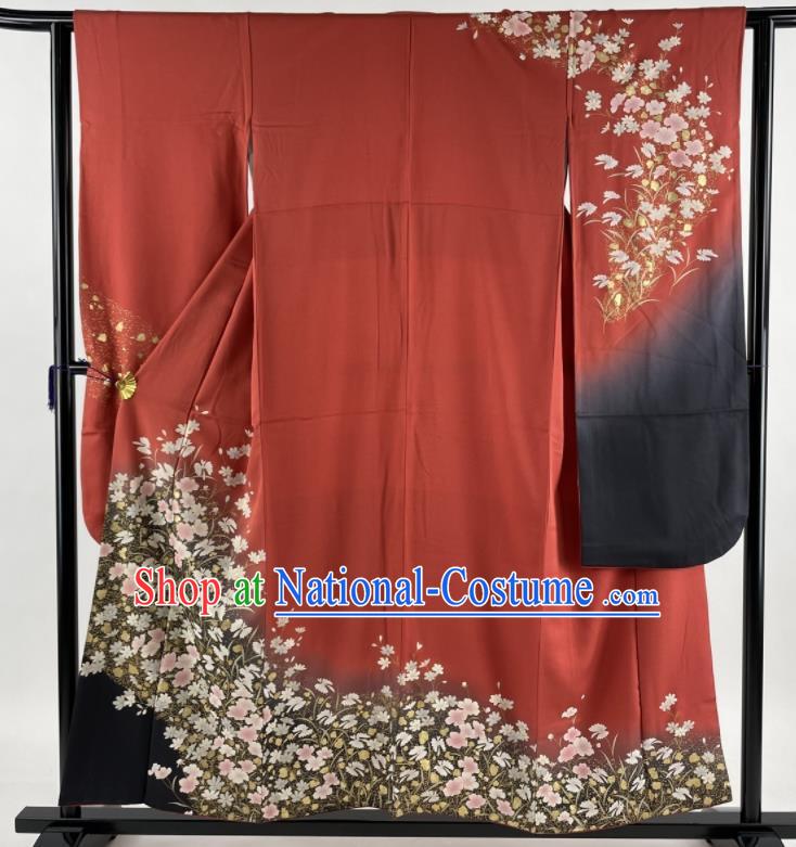 Japanese Court Woman Red Silk Yukata Dress Traditional Festival Clothing Classical Flowers Butterfly Pattern Furisode Kimono Costume