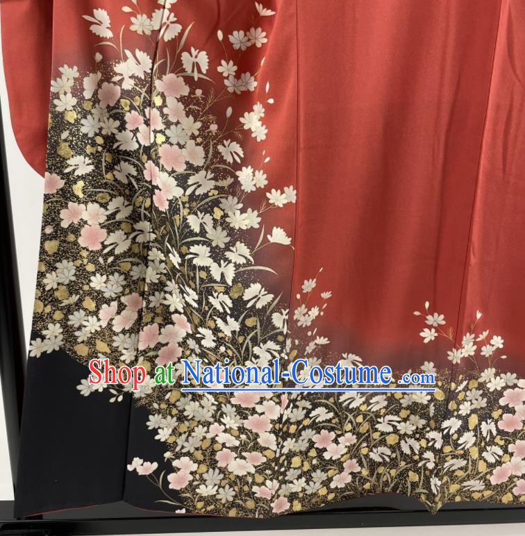 Japanese Court Woman Red Silk Yukata Dress Traditional Festival Clothing Classical Flowers Butterfly Pattern Furisode Kimono Costume