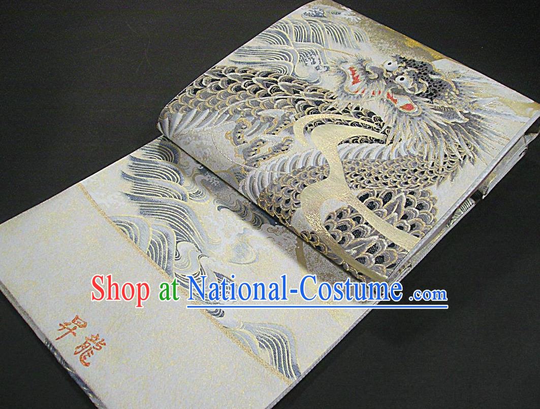 Japanese Handmade Kimono Nishijin Waistband Traditional Yukata Robe Girdle Accessories Classical Dragon Pattern White Brocade Belt