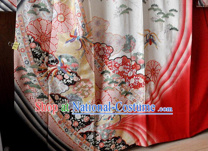 Japanese Classical Flowers Pattern Furisode Kimono Costume Young Woman Red Silk Yukata Dress Traditional Wedding Bride Clothing