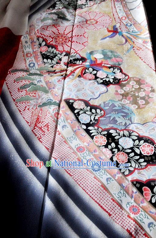 Japanese Classical Flowers Pattern Furisode Kimono Costume Young Woman Red Silk Yukata Dress Traditional Wedding Bride Clothing