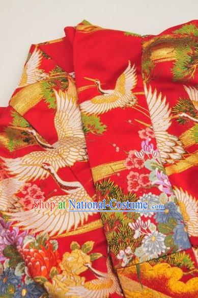 Japanese Traditional Wedding Bride Clothing Classical Cranes Pattern Uchikake Kimono Costume Young Woman Red Silk Yukata Dress