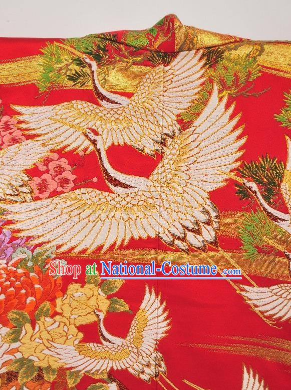 Japanese Traditional Wedding Bride Clothing Classical Cranes Pattern Uchikake Kimono Costume Young Woman Red Silk Yukata Dress