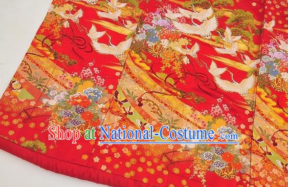 Japanese Traditional Wedding Bride Clothing Classical Cranes Pattern Uchikake Kimono Costume Young Woman Red Silk Yukata Dress