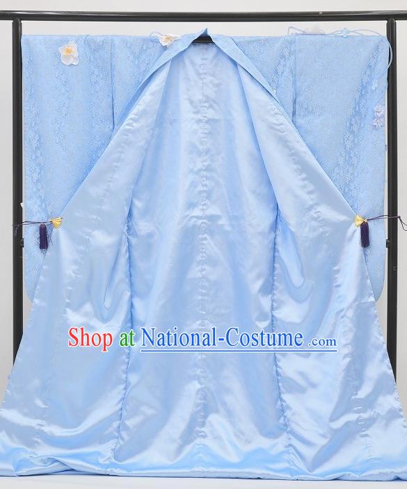 Japanese Court Empress Light Blue Silk Yukata Dress Traditional Wedding Bride Lace Clothing Classical Cranes Pattern Furisode Kimono Costume