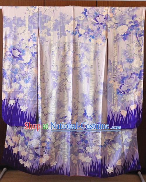 Japanese Classical Orchids Peony Pattern Furisode Kimono Costume Court Empress Purple Silk Yukata Dress Traditional Wedding Bride Clothing