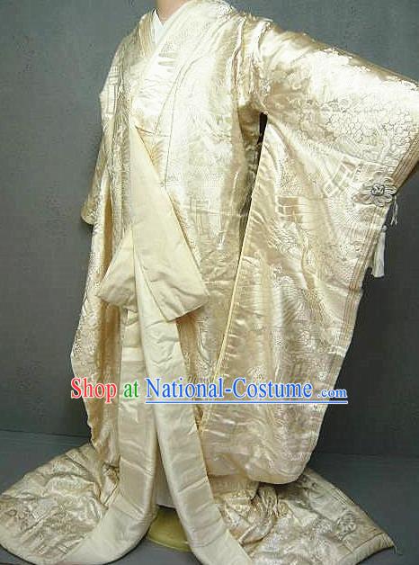 Japanese Traditional Wedding Bride Clothing Classical Embroidered Cranes Pattern Shiromuku Kimono Costume Court Empress White Silk Yukata Dress