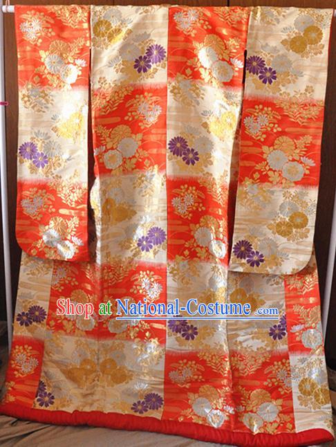 Japanese Court Empress Red Silk Yukata Dress Traditional Wedding Bride Clothing Classical Embroidered Chrysanthemum Pattern Uchikake Kimono Costume