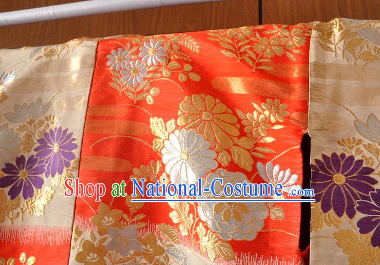 Japanese Court Empress Red Silk Yukata Dress Traditional Wedding Bride Clothing Classical Embroidered Chrysanthemum Pattern Uchikake Kimono Costume