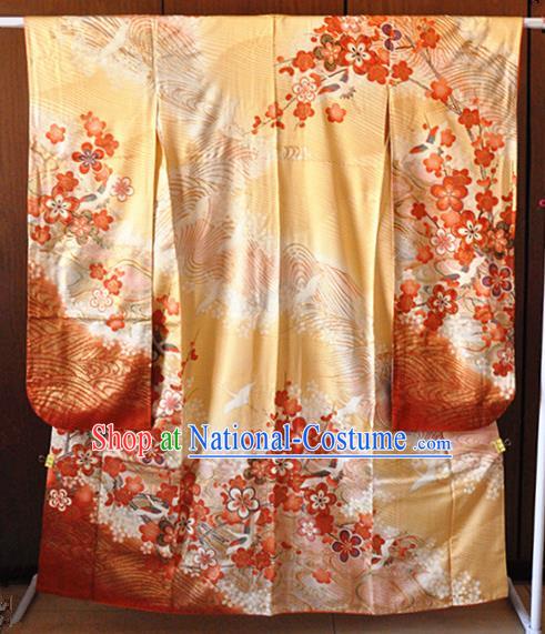 Japanese Classical Embroidered Plum Pattern Furisode Kimono Costume Court Empress Golden Silk Yukata Dress Traditional Wedding Bride Clothing