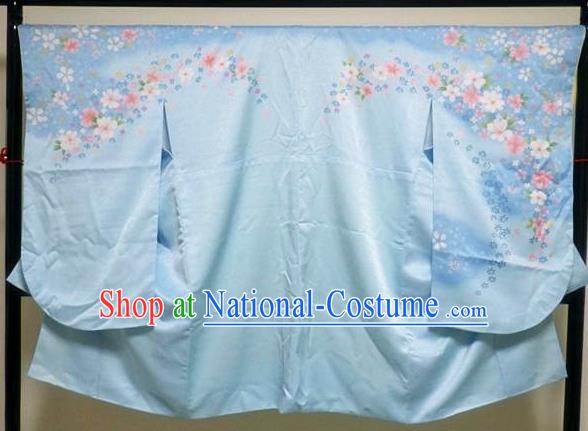 Japanese Traditional Wedding Bride Clothing Classical Sakura Pattern Furisode Kimono Costume Court Empress Blue Silk Yukata Dress