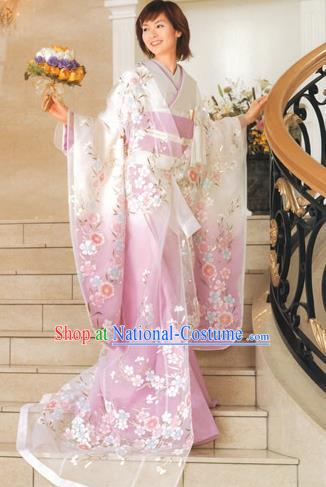 Japanese Court Princess Pink Silk Yukata Dress Traditional Wedding Bride Clothing Classical Embroidered Phoenix Pattern Uchikake Kimono Costume