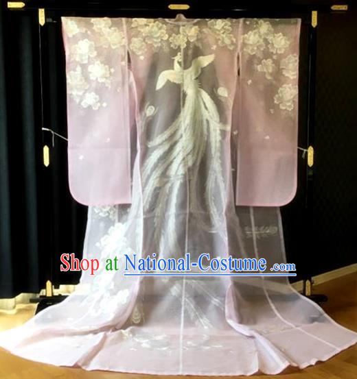 Japanese Court Princess Pink Silk Yukata Dress Traditional Wedding Bride Clothing Classical Embroidered Phoenix Pattern Uchikake Kimono Costume