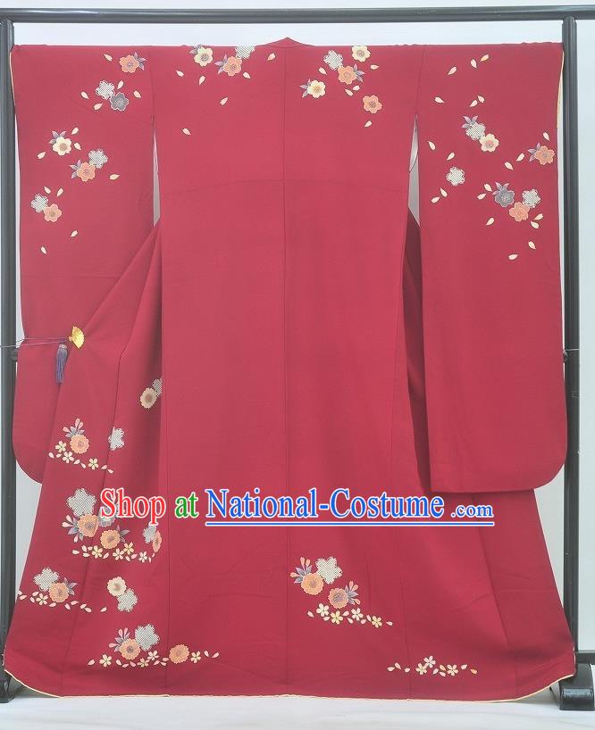 Japanese Traditional Wedding Bride Clothing Classical Sakura Pattern Furisode Kimono Costume Court Princess Red Yukata Dress