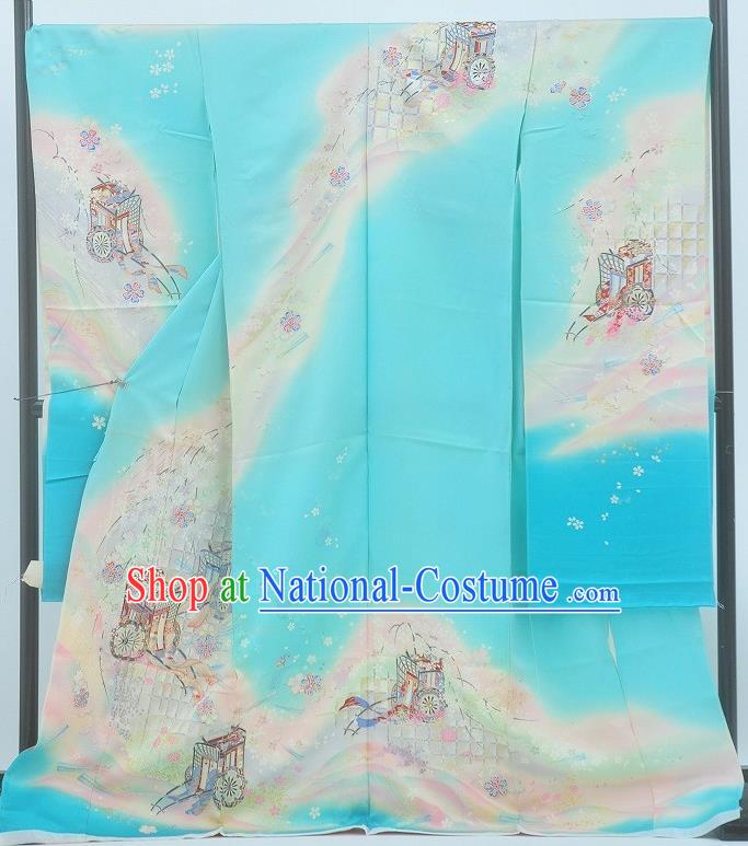 Japanese Classical Gharry Pattern Furisode Kimono Costume Wedding Bride Blue Yukata Dress Traditional Court Princess Clothing