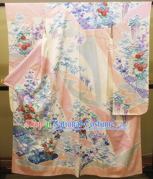 Japanese Traditional Court Princess Clothing Classical Chrysanthemum Pattern Furisode Kimono Costume Wedding Bride Pink Silk Yukata Dress