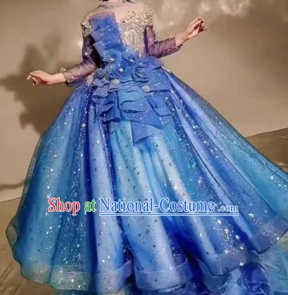 Custom Baroque Princess Fashion Modern Dance Formal Clothing Girl Catwalks Garment Costumes Stage Show Blue Dress