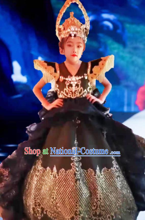 Custom Baroque Queen Fashion Piano Recital Formal Clothing Girl Catwalks Garment Costumes Stage Show Black Trailing Full Dress