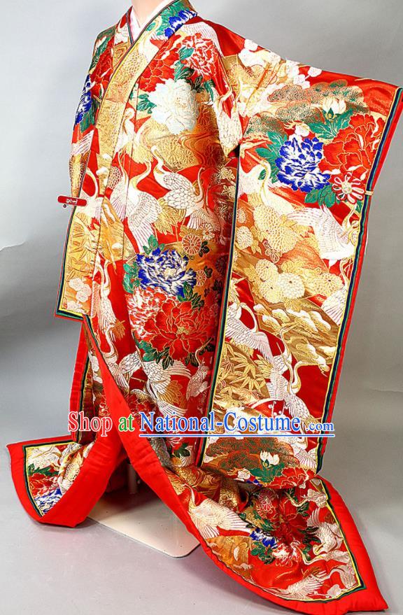 Japanese Classical Peony Cranes Pattern Uchikake Kimono Costume Wedding Bride Red Silk Yukata Dress Traditional Court Empress Embroidered Clothing