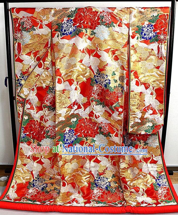 Japanese Classical Peony Cranes Pattern Uchikake Kimono Costume Wedding Bride Red Silk Yukata Dress Traditional Court Empress Embroidered Clothing