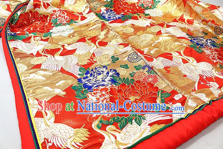 Japanese Classical Peony Cranes Pattern Uchikake Kimono Costume Wedding Bride Red Silk Yukata Dress Traditional Court Empress Embroidered Clothing