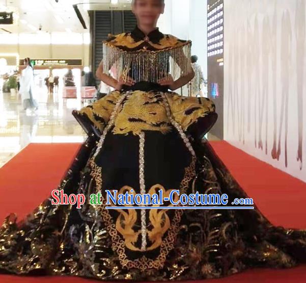 Chinese Stage Performance Fashion Clothing Girl Catwalk Show Black Trailing Full Dress Baby Compere Garment Costume Children Modern Dance Attire