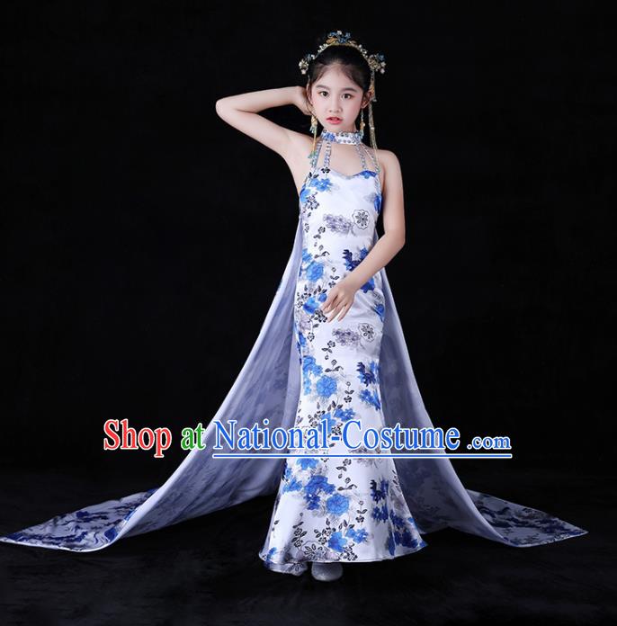 Chinese Children Modern Cheongsam Attire Stage Performance Fashion Clothing Girl Catwalk Show Qipao Dress Baby Compere Garment Costume