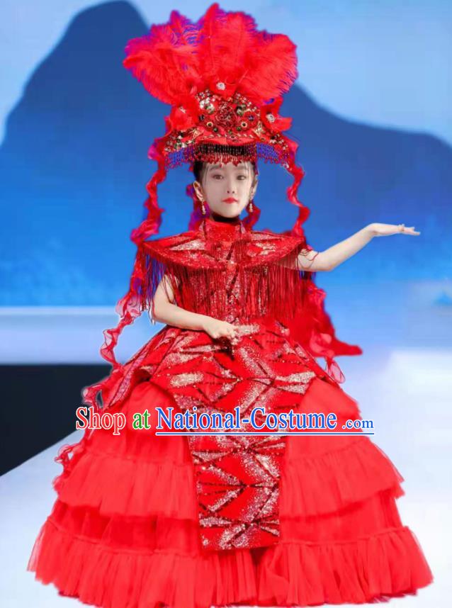 Custom Stage Show Red Veil Full Dress Baroque Queen Fashion Piano Recital Formal Clothing Girl Catwalks Garment Costumes