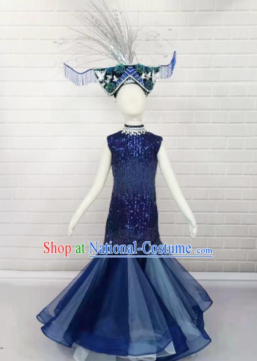 Custom Cosplay Mermaid Clothing Girl Catwalks Garment Costumes Stage Show Navy Fishtail Full Dress Modern Dance Fashion