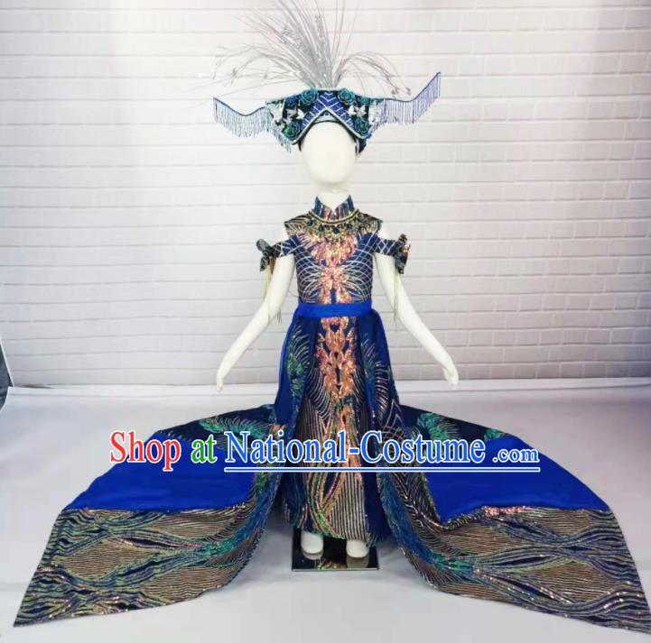 Custom Modern Dance Fashion Baroque Princess Clothing Girl Catwalks Garment Costumes Stage Show Royalblue Trailing Full Dress