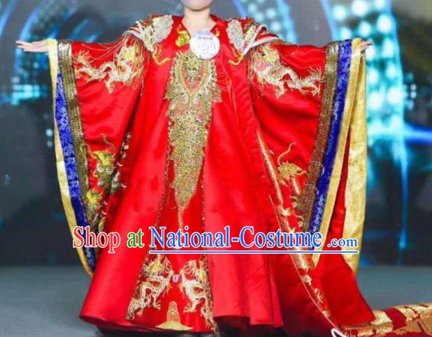 Chinese Girl Catwalk Show Red Trailing Dress Baby Empress Garment Costume Children Model Attire Stage Performance Fashion Clothing