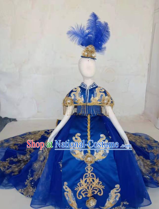 Chinese Stage Performance Fashion Clothing Girl Catwalk Show Royalblue Trailing Dress Ancient Empress Garment Costume Children Model Attire