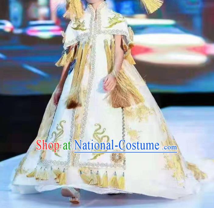 Chinese Children Model Attire Stage Performance Fashion Clothing Girl Catwalk Show Beige Trailing Dress Ancient Empress Garment Costume