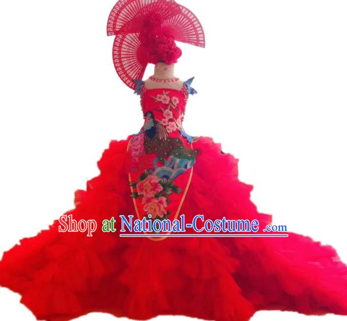 Custom Modern Dance Fashion European Princess Embroidered Clothing Girl Catwalks Garment Costumes Stage Show Red Veil Trailing Full Dress