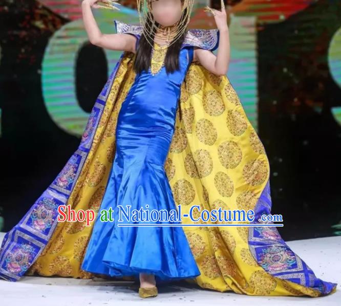 Chinese Stage Performance Fashion Clothing Girl Catwalk Show Royalblue Qipao Dress Piano Recital Garment Costume Children Model Cheongsam Attire