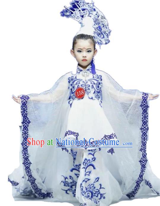 Chinese Zither Performance Garment Costume Children Compere White Full Dress Stage Show Fashion Girl Catwalk Clothing