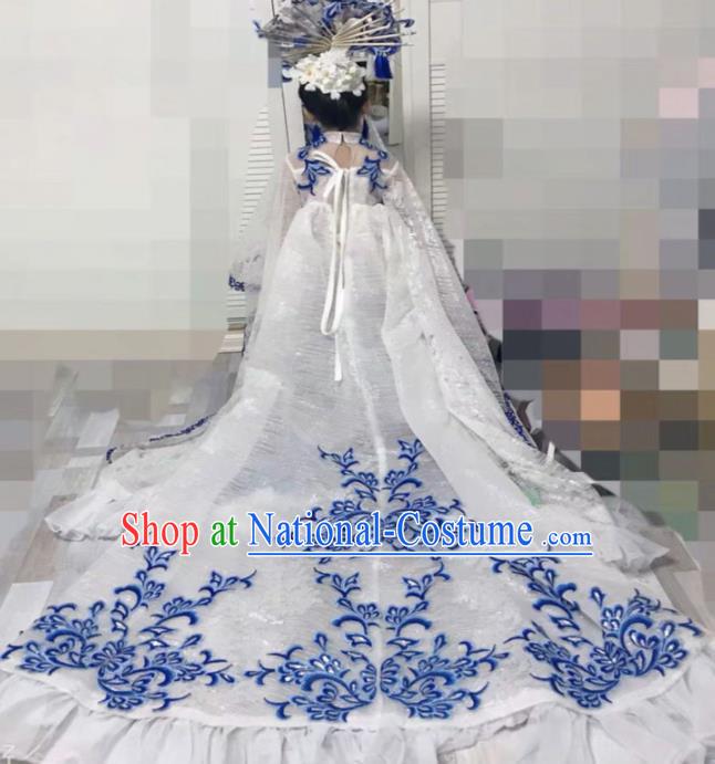 Chinese Zither Performance Garment Costume Children Compere White Full Dress Stage Show Fashion Girl Catwalk Clothing