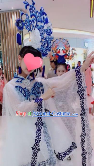 Chinese Zither Performance Garment Costume Children Compere White Full Dress Stage Show Fashion Girl Catwalk Clothing