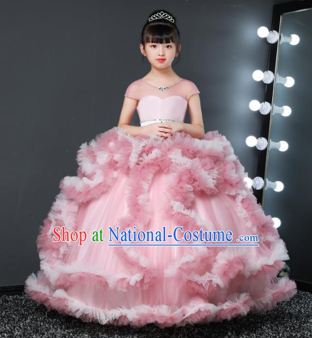 Custom Stage Show Pink Full Dress Children Princess Fashion Modern Dance Clothing Girl Catwalks Garment Costume