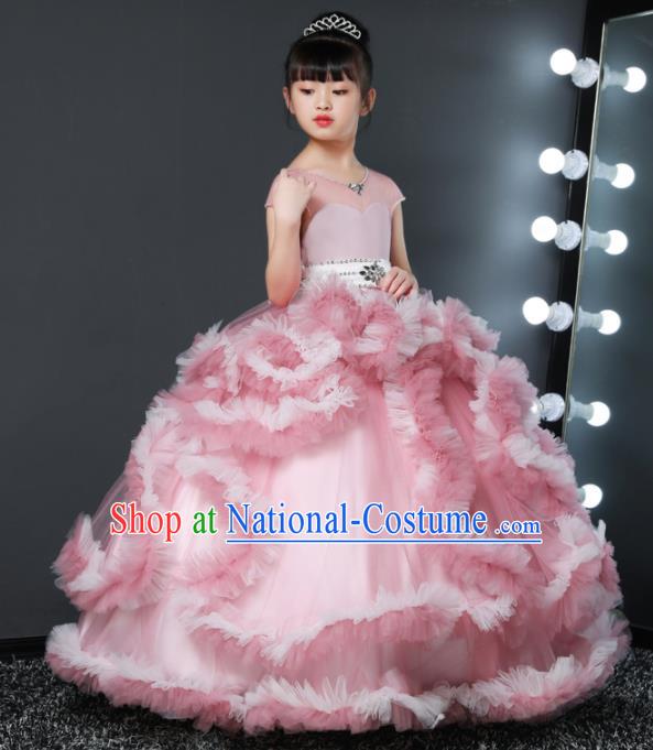 Custom Stage Show Pink Full Dress Children Princess Fashion Modern Dance Clothing Girl Catwalks Garment Costume