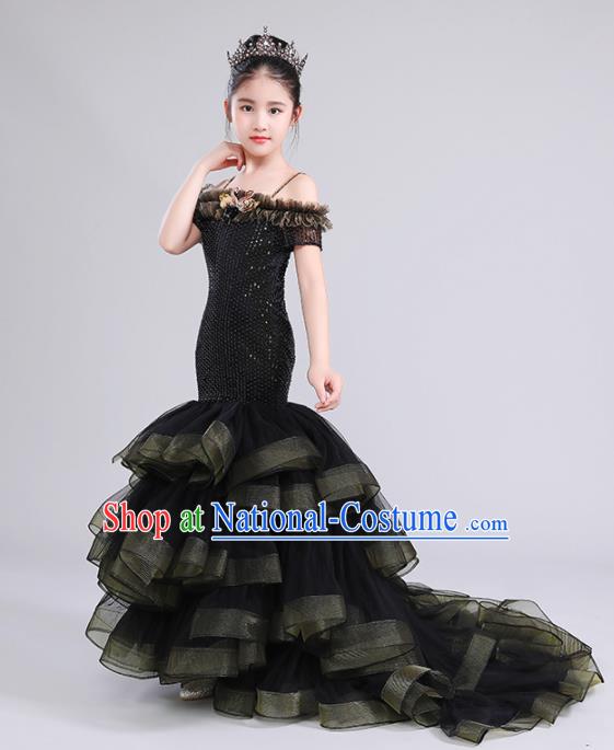 Custom Girl Catwalks Garment Costume Stage Show Black Trailing Full Dress Children Princess Fashion Modern Dance Clothing