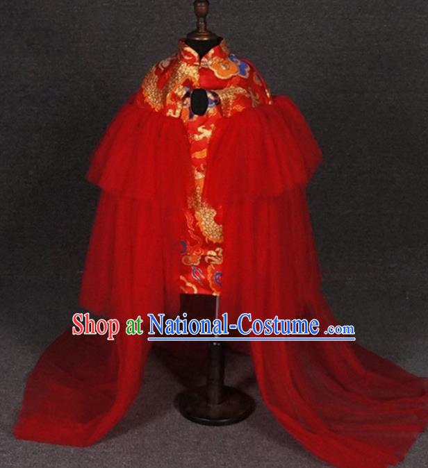 Chinese Girl Catwalk Clothing Zither Performance Garment Costume Children Compere Red Qipao Dress Stage Show Fashion