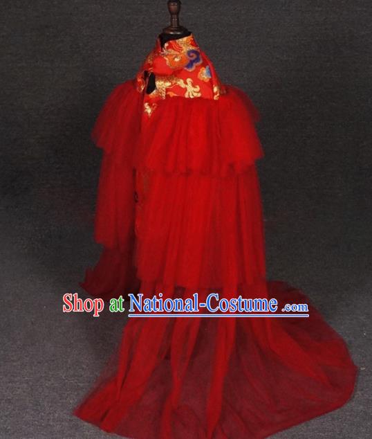 Chinese Girl Catwalk Clothing Zither Performance Garment Costume Children Compere Red Qipao Dress Stage Show Fashion