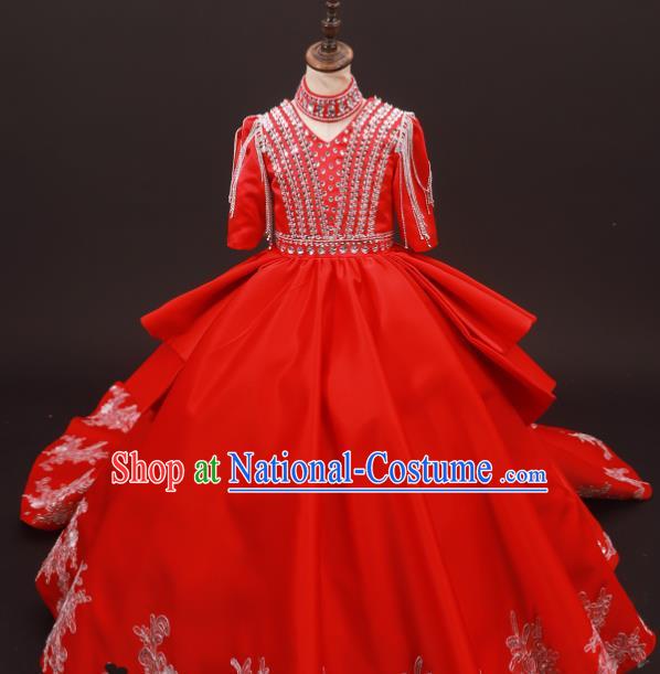 Custom Stage Show Red Full Dress Baroque Princess Fashion Modern Dance Clothing Girl Catwalks Garment Costume