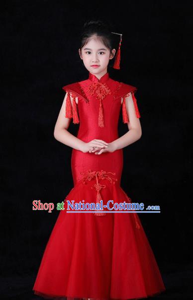 Chinese Stage Show Fashion Girl Catwalk Clothing Classical Dance Garment Costume Children Compere Red Qipao Dress