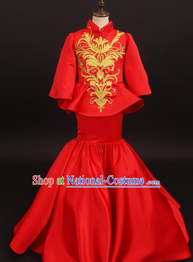 Chinese Children Compere Red Fishtail Dress Stage Show Fashion Girl Catwalk Clothing Classical Dance Garment Costume