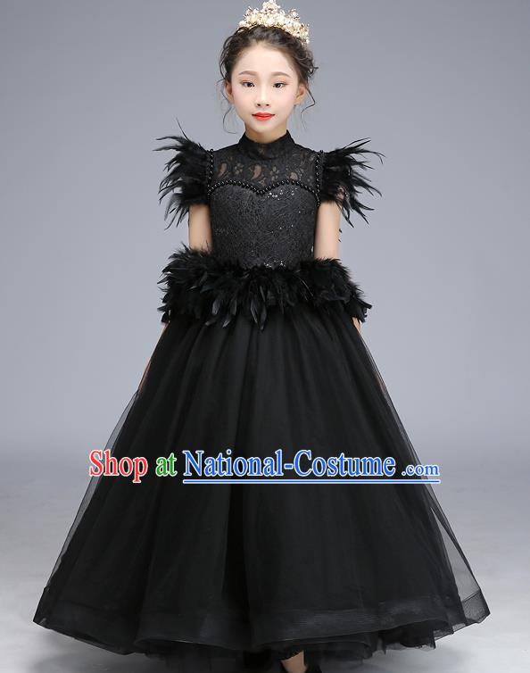 Custom Modern Dance Clothing Girl Catwalks Garment Costume Stage Show Black Feather Lace Full Dress Baroque Princess Fashion