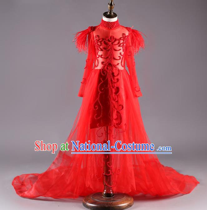 Custom Fairy Princess Fashion Modern Dance Clothing Girl Catwalks Garment Costume Stage Show Red Veil Full Dress