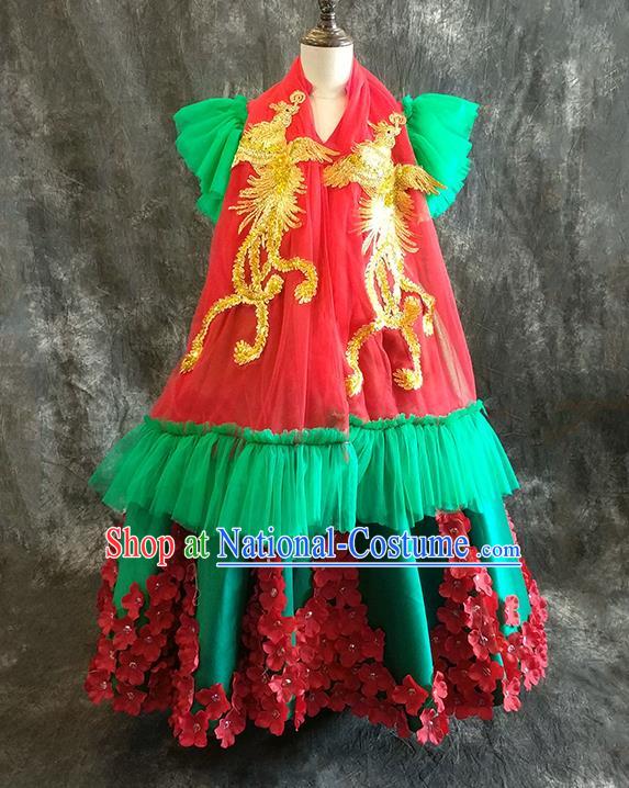 Chinese Girl Catwalk Embroidered Phoenix Clothing Classical Dance Garment Costume Children Compere Green Full Dress Stage Show Fashion