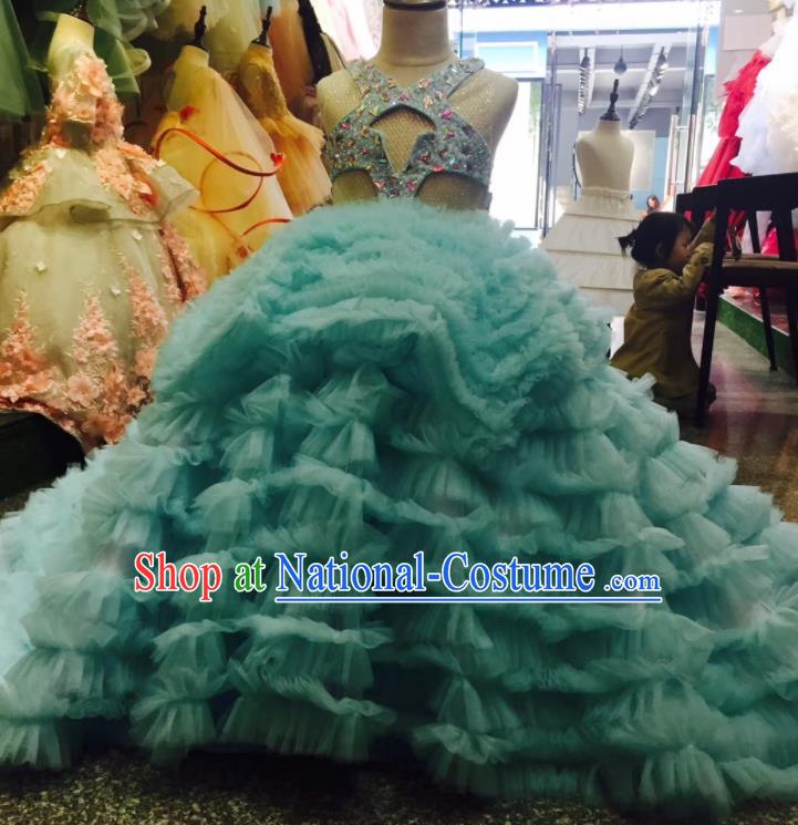 Custom Baroque Princess Fashion Piano Recital Clothing Children Catwalks Garment Costume Christmas Performance Blue Veil Trailing Full Dress